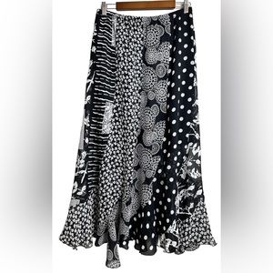 Sterling Styles Patch Print Asymmetrical hem Skirt Black and White ONE SIZE
